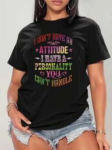 Talla Grande - Talla Grande - Camiseta de Mujer Talla Grande con Frases Drtidas arcásticas | No Tengo Acud Tengo a Ti No Puedes Agur Letras Amarillas y Rojas, Top Casual de Manga Corta con Cuello Redondo, Elastano Elástico 100%, Lavable a Máquina, Primavera Verano, Envío Local - Negro - Ver 2