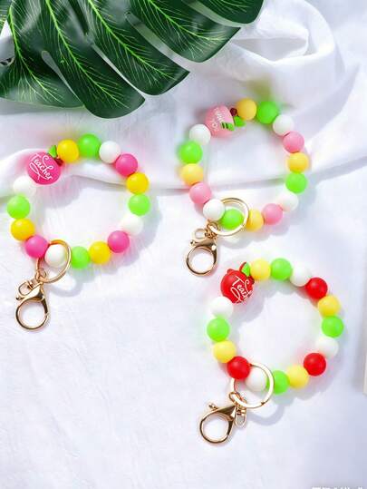 2/3 Stück Lehrer-Tag limitierte Edition Silikon Perlen Armband & Schlüsselanhänger, Dopamin Bonbon Farben mit Apfel Anhänger Deko, praktisches Erinnerungsgeschenk für Lehrer