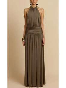 Vestido largo de fiesta verano 2026, cuello halter, espalda descubierta y pliegues, estilo elegante europeo y americano - Café - Ver 1