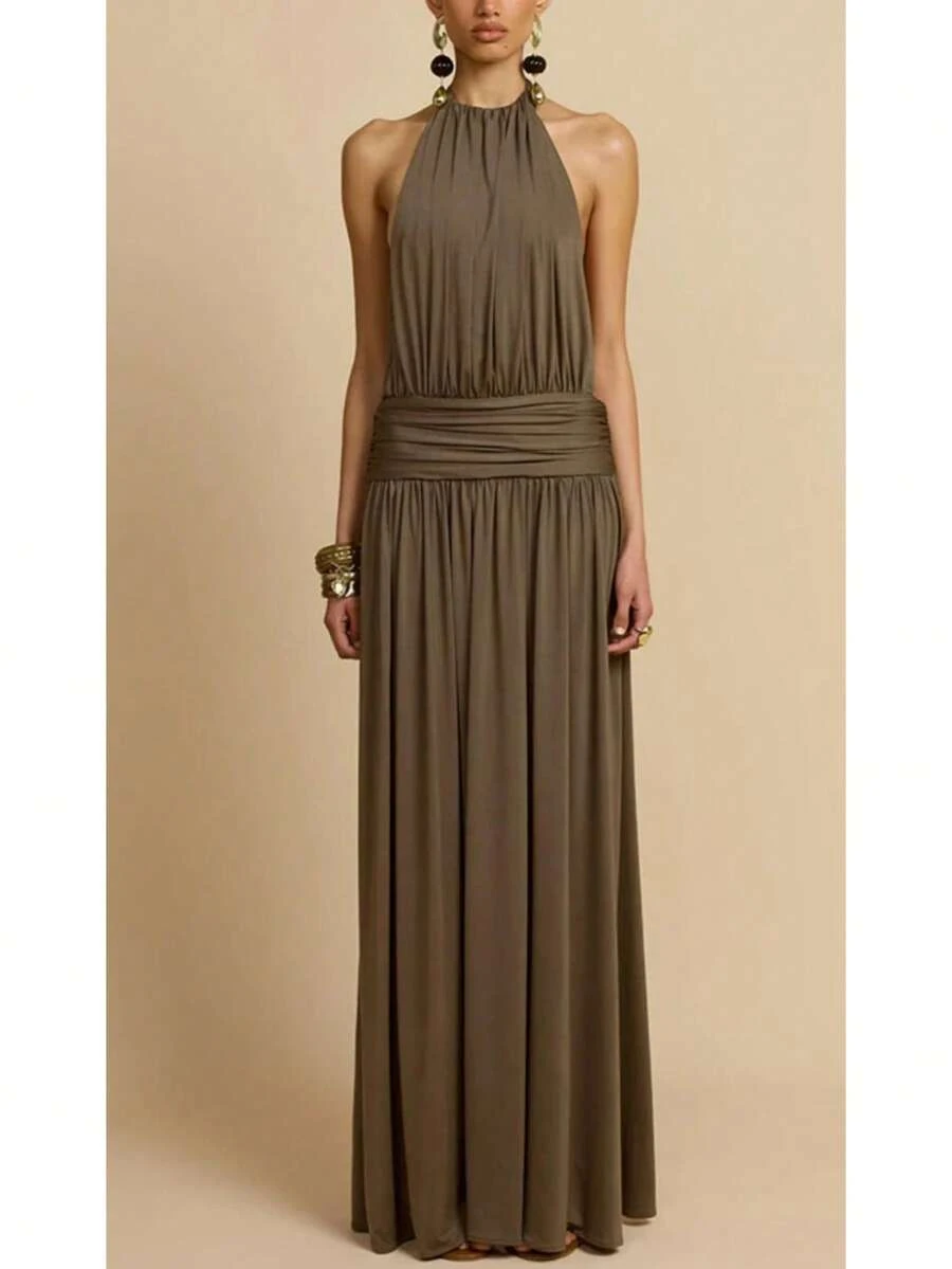 Vestido largo de fiesta verano 2026, cuello halter, espalda descubierta y pliegues, estilo elegante europeo y americano - Café - Ver 1