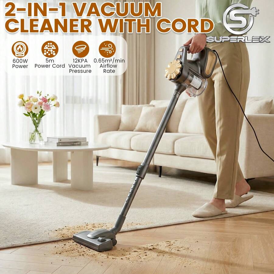 SUPERLEX 4-In-1 Vacuum Cleaner, Handheld Vacuum Cleaner With 5M Cable, 900ML Dust, Multifunction Bagless Stick Vac For Carpet, Floor, Sofa, Pet Hair, 600W