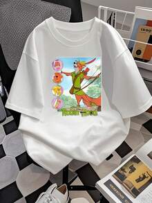 Gráfico que muestra un zorro valiente con arco y flechas simbolizando justicia libertad y amistad con personajes alegres y fondo de bosque verde camiseta de mujer  cómoda casual ideal para uso diario - Blanco - Ver 2
