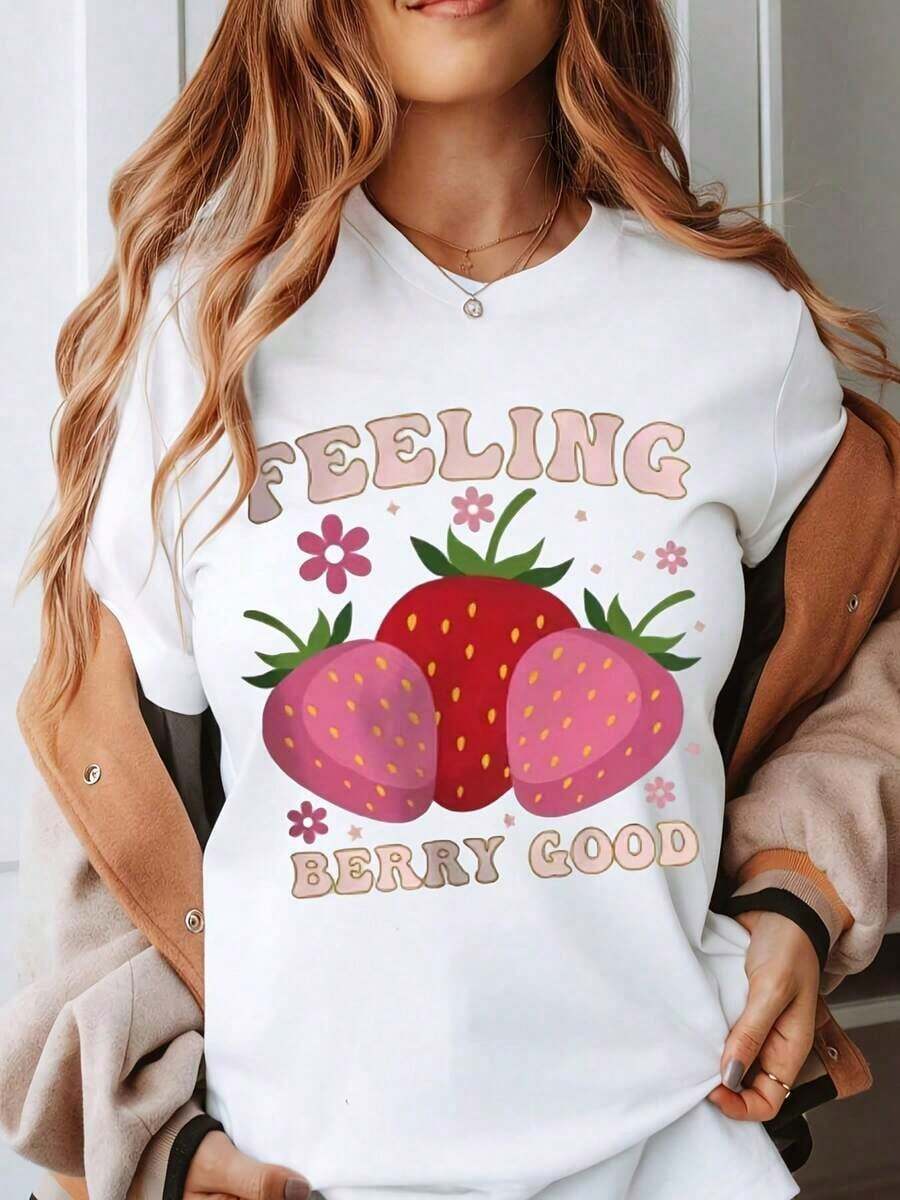 Camiseta de Verano Fresca con Estampado de Fresas, Estilo Casual, para Mujer, Linda Camiseta de Verano con Estampado de Frutas para Uso Diario, Moda - Blanco - Ver 1