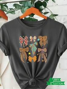 Camiseta de cuello redondo para mujer con estampado de letras y anime, de diseño sencillo, cómoda y transpirable, adecuada para el uso diario informal, que muestra un estilo natural y elegante, imprescindible para fiestas de verano, envío local con detalles de lazo y plumas. - Rojo - Ver 11