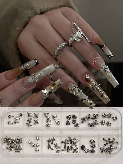 12-Grid Vintage Dark Punk Style Cross Metal Rivet Nail Jewelry Set, DIY Nail Accessories