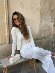 Round Neck Ribbed Button Short Length Lightweight Knit Cardigan - White - View 3