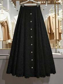 Elegant A-Line Lace Skirt,  Minimalist Style For Work - Black - View 4