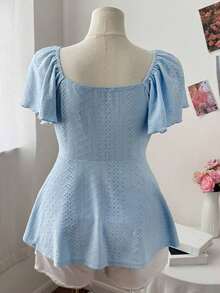 Elegant And Vintage Casual T-Shirt With Square Neck, Ruffled Sleeves, Drawstring And Tie Waist, And Textured Design For Plus-Size Women - Blue - View 2