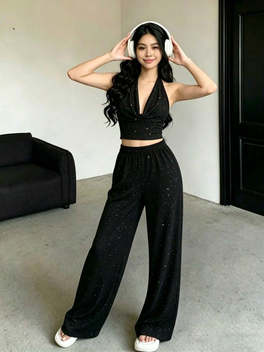 Conjunto de 2 piezas con top sin espalda de cuello de halter con lentejuelas y pantalones anchos sueltos, estilo diva sexy - Negro - Ver 1