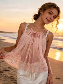 Women's Sheer Pleated Tulle Camisole Ruffled Neckline Spaghetti Strap Tank Tops With Sequins Heart Hem - Pink - View 1