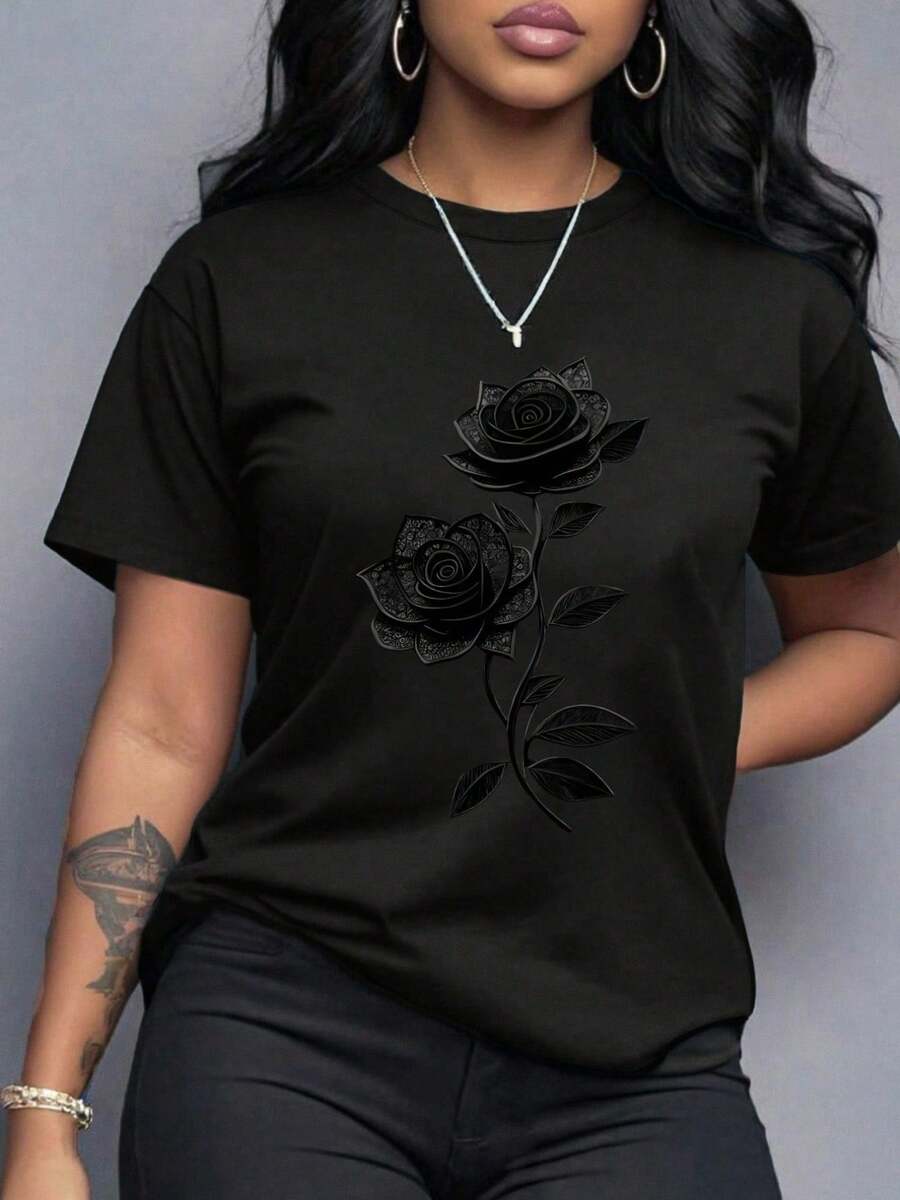 Plus Size Black Rose Print T-Shirt - 100% Cotton Short Sleeve Round Neck Top | Comfort Fit Casual Shirt Suitable For All-Season Wear, Machine Washable, Elegant Floral Design For Everyday & Special Occasions - 黑色 - 查看 1