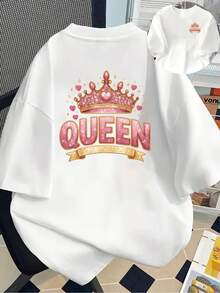 Camiseta de manga corta de algodón de 180 g - Camiseta de manga corta con estampado frontal y trasero - Reina, - Camiseta estampada de moda para mujer, primavera/verano, ¡tu mejor elección! - Estilo unisex. - Blanco - Ver 1