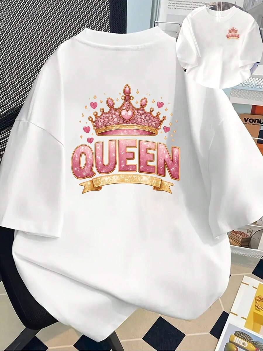 Camiseta de manga corta de algodón de 180 g - Camiseta de manga corta con estampado frontal y trasero - Reina, - Camiseta estampada de moda para mujer, primavera/verano, ¡tu mejor elección! - Estilo unisex. - Blanco - Ver 1