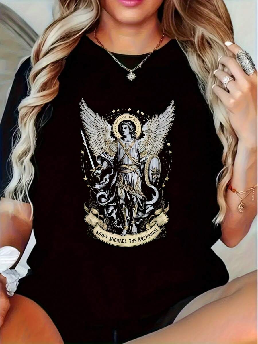 Women's Guardian Angel Graphic T-Shirt - Soft, Breathable & Comfortable, Inspirational Print With St. Michael The Archangel Design, Casual Summer T-Shirt, Unique Gift Idea - 黑色 - 查看 1