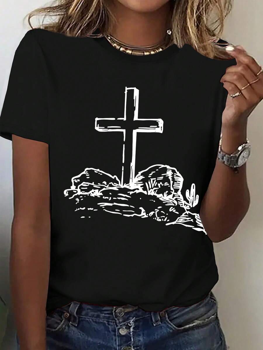 Women's Casual T-Shirt With Round Neck And Christian Cross Design - Short Sleeve, All-Season, Relaxed Fit, All-Season T-Shirt | Graphic Tee | Comfortable Fit - 黑色 - 查看 1