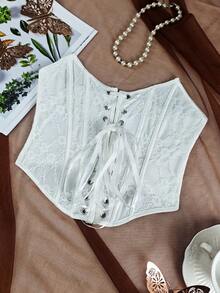 White Lace-Up Strapless Cropped Top, Essential Summer Style - White - View 2