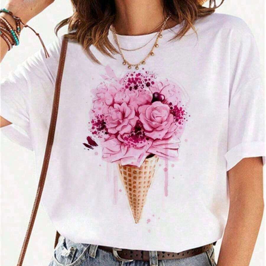 Women's Breathable Bohemian T-Shirt, Fashionable In Summer, Harajuku Floral Print, Popular Y2K Style, Round Neck, Short Sleeve, Casual. - 青銅 - 查看 1