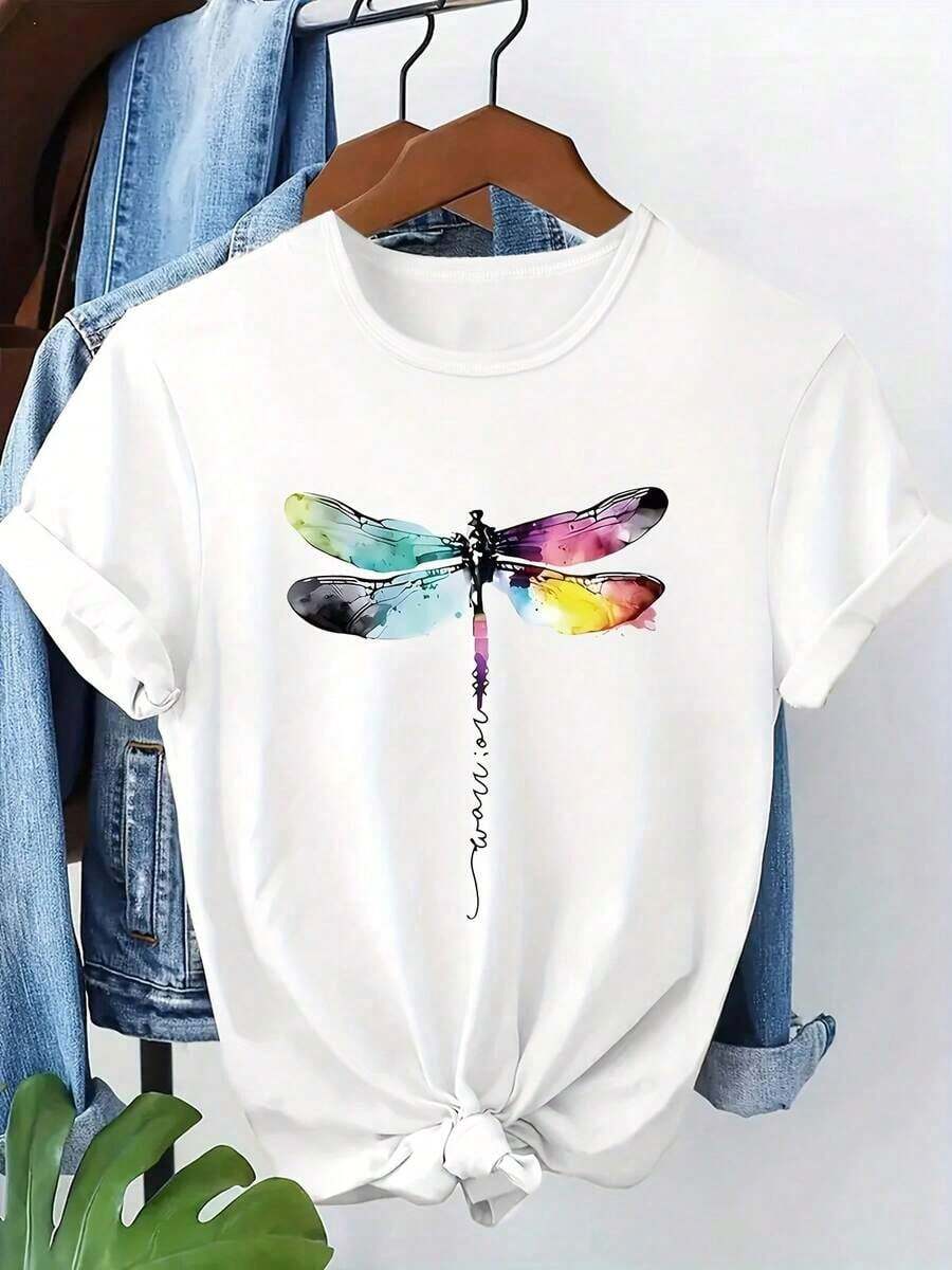 Talla Grande, Camiseta de Manga Corta con Estampado de Libélula para Mujer - Blusa de Cuello Redondo de Corte Holgado, Top Casual de Elasticidad Media para Primavera, Verano y Otoño, Prenda Casual Lavable a Máquina y para Combinar para Mujeres con Curvas (No- - Blanco - Ver 1