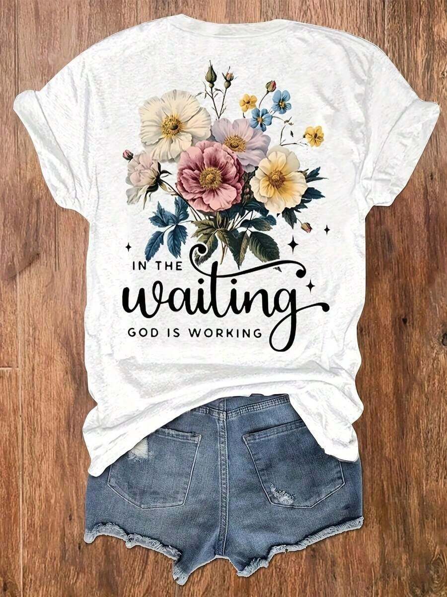 Camiseta con Estampado Gráfico Moderno, Manga Corta, Cuello Redondo, Top Casual para Verano y Primavera, Ropa Casual para Mujer - Blanco - Ver 1