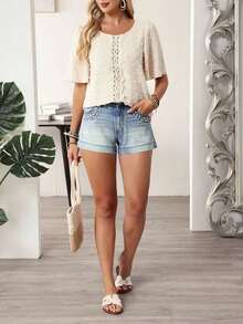 Shorts vaqueros casuales de mujer con decoración de perlas sintéticas - Azul - Ver 3