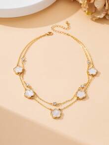 1pc Luxurious Hollow Sparkling Delicate Lucky White Clover Pendant Multilayer Necklace For Women - White - View 3
