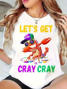 NewSummerCasualWomen's Oversized Crew Neck Graphic Tees, 100% Cotton T Shirt, Cray Cray Lobster With Hat And Sunglasses Casual Wear, Spring Short Sleeve Loose Fit Tops, Summer Fashion Basic Tees, Clothes Gift For Womens-Vintage Street Style Unisex Loose Cotton Short Sleeve Crew Neck T-Shirt - 白色 - 查看 6