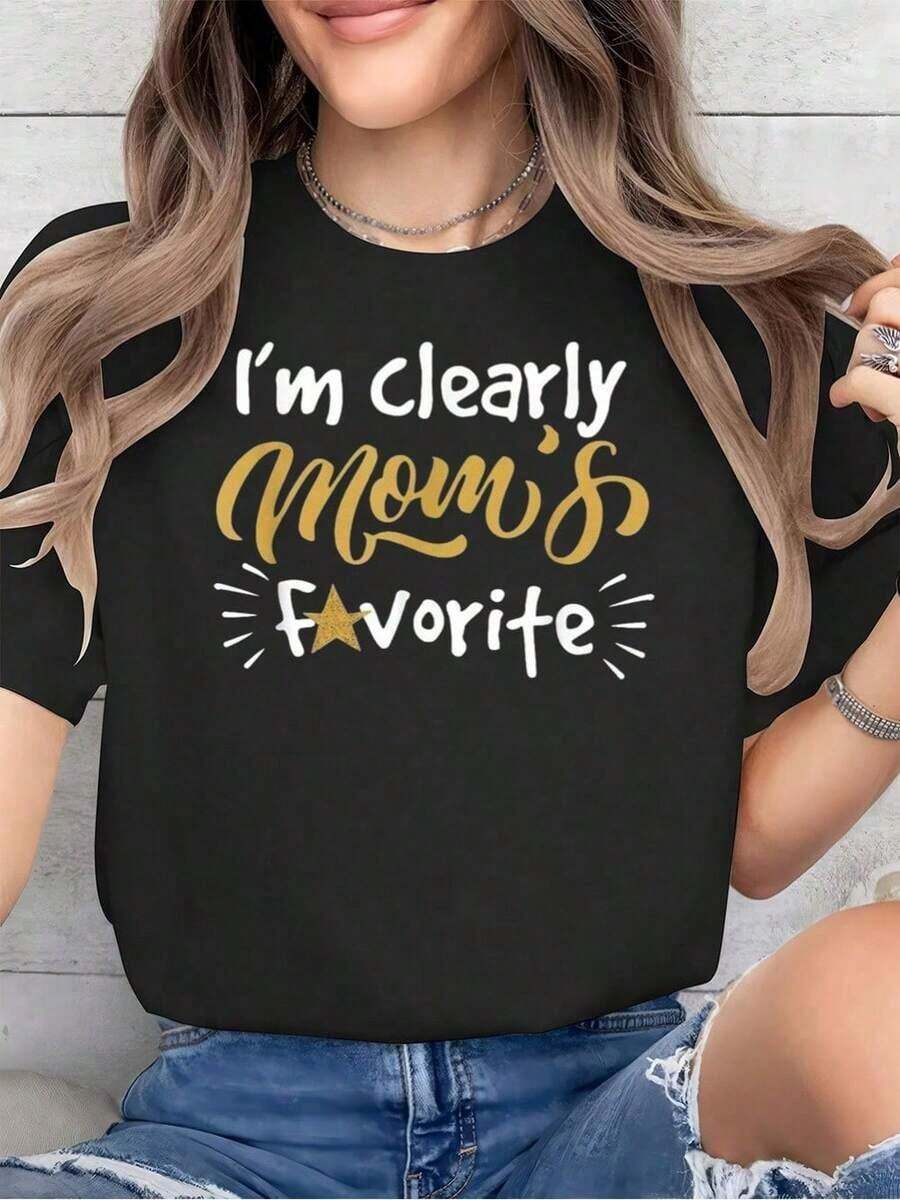 Cotton T-Shirt With The Phrase "I'm Mom's Favorite Son Or Daughter," A Fun Gift T-Shirt With A Round Neck For Summer, Soft, Short-Sleeved, Stylish, And Comfortable. Graphic Tees. Women's Blouses/Shirts - 黑色 - 查看 1