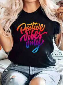 Bahaa T-Shirt With Inspirational Quote Graphic, Only Positive Vibes, Casual Crew Neck Short Sleeve T-Shirt, Comfortable For Spring And Summer, Women's Summer Essentials Clothing, Summer Outfits For Women, Graphic Tees, Blouses For Women, Shirt - 黑色 - 查看 1