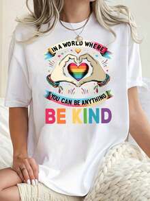 Women's Casual T-Shirt With Fun And Colorful "Kind" Heart Print - Casual Crew Neck, Short Sleeves, Stretch Polyester Blend, Machine Washable - Perfect Choice For Summer--Urban Casual Style Cotton Crop Top Women's Blouses>Shirt - 白色 - 查看 7