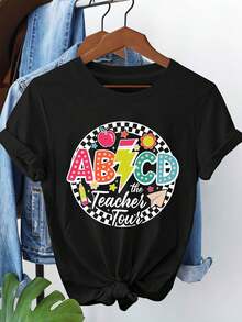 Size - Size - The Teacher's Fun Adventure, Teaching Moments With ABCD Teacher Featuring Apple, Pencil, Star, And Paper Airplane Designs On A Stylish Casual Crew Neck T-Shirt For Women, Size One Size For Spring And Summer - 黑色 - 查看 1