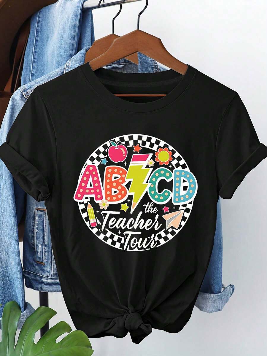 Size - Size - The Teacher's Fun Adventure, Teaching Moments With ABCD Teacher Featuring Apple, Pencil, Star, And Paper Airplane Designs On A Stylish Casual Crew Neck T-Shirt For Women, Size One Size For Spring And Summer - 黑色 - 查看 1