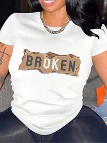 1 Piece BROKEN Women's Graphic T-Shirt, Beige, With Distressed Letter Print, Breathable, Comfortable, Casual, For Spring, Summer And Autumn. Clothing Style: T-Shirt. Fabric: 180g 100% Cotton. - 白色 - 查看 1