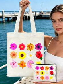 Conjunto de Bolsa de Lona Floral Tropical Colorida e Nécessaire com Zíper, Bolsa Estampada Vibrante com Hibiscos, Girassóis e Margaridas com Nécessaire Correspondente, Bolsa de Ombro Feminina, Sacola de Compras Reutilizável Leve para Praia, Viagem, Trabalho e Escola, Cabe Livros, Laptops e Itens Essenciais Diários, Nécessaire Adequado para Cosméticos - Multicolorido - Visão 6