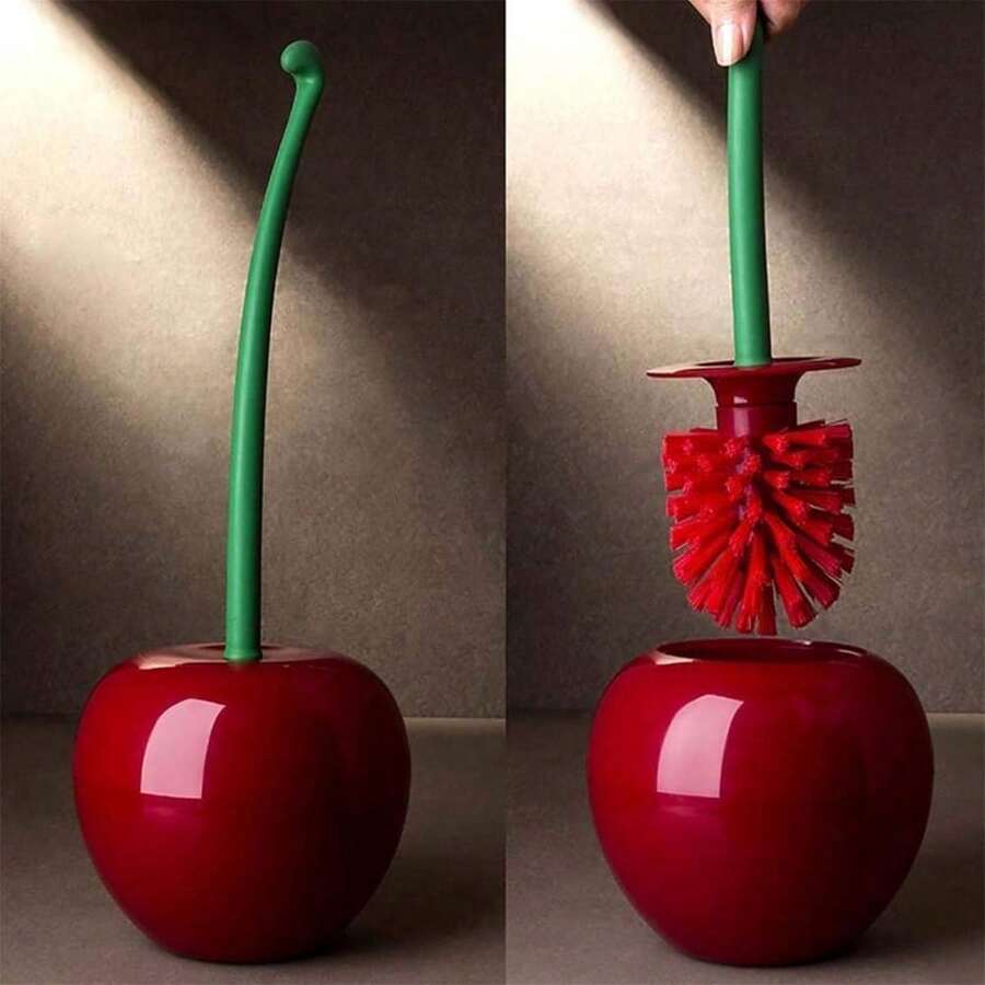 1pc Cherry Toilet Brush, Household Long Handle Soft Hair Toilet Brush, Plastic Cleaning Brush Toilet Brush Set, Suitable For Bathroom/Hotel Bathroom Decor Fall Decor - Red - View 1