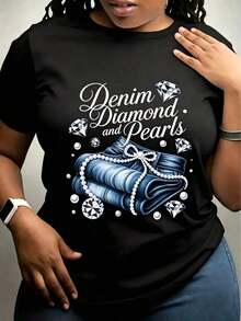 Camiseta de mezclilla para mujer con estampado de diamantes y perlas, elegante y casual para oficina, suave y agradable al tacto, camiseta de moda, cuello redondo, manga regular, cómoda para todas las estaciones, camiseta casual de algodón puro con estampado de letras a la moda, diseño unisex para parejas, adecuada para celebraciones de festivales, camiseta casual de primavera/verano, camisa estilo country, atuendo de fiesta, impresión digital de calidad, tela duradera, camiseta de manga corta, ropa de fiesta, ropa de mujer a la moda. - Negro - Ver 6