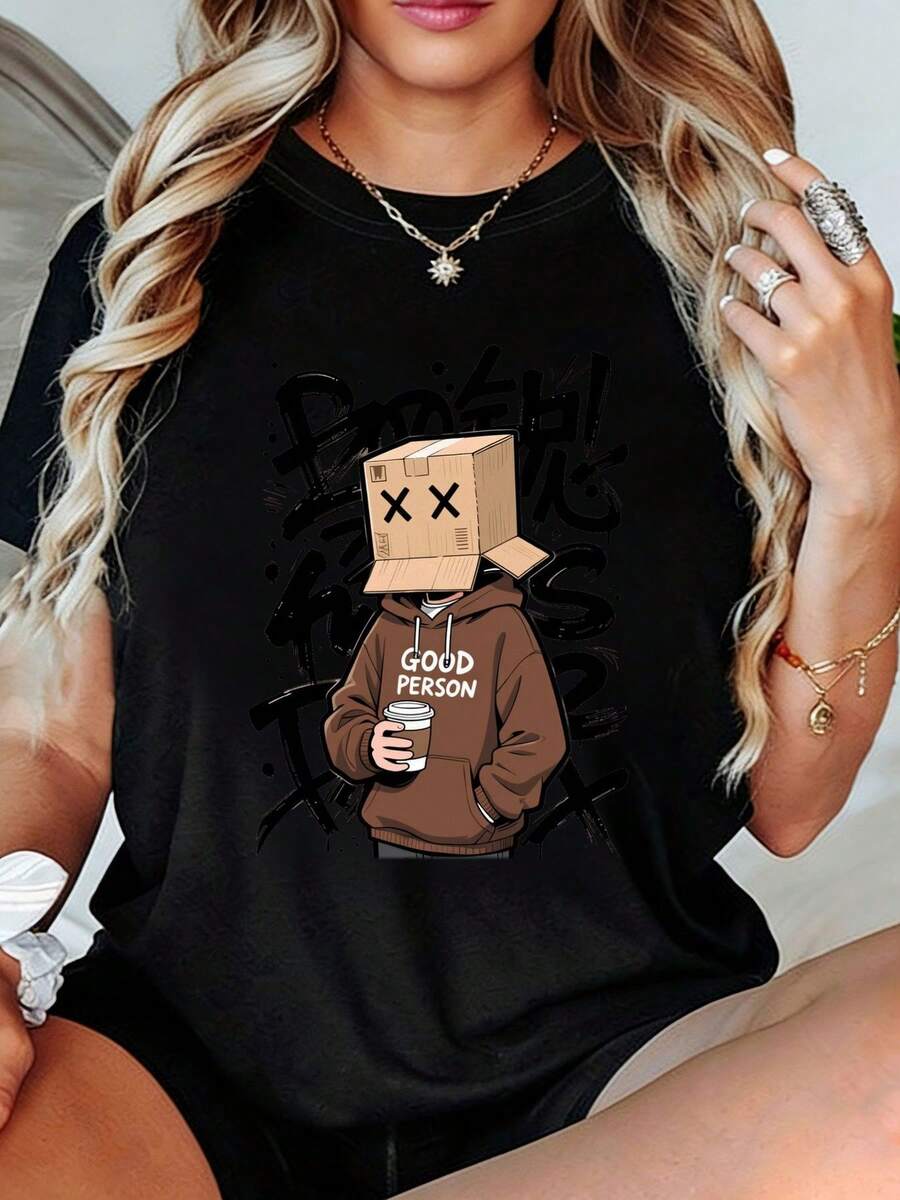 DOOFUS Women's T-Shirt - Plus Size White Cartoon Print T-Shirt Featuring The "Good Guy" Character With A Paper Bag. Soft, Casual Summer Top With A Urban Style And Graffiti Lettering. A Perfect Gift For Your Best Friend, Sister, Or Yourself. Women's T-Shirts - 黑色 - 查看 1
