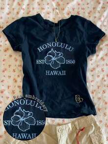 Blusa casual de mujer con bordado floral, camiseta de cuello redondo para el verano - Azul marino - Ver 1