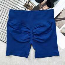Pantalones cortos de yoga sin costuras de cintura alta para mujer - Levantamiento de glúteos elástico, adecuado para correr, fitness y actividades al aire libre| Apariencia de moda| Tela elástica de verano - Azul - Ver 10