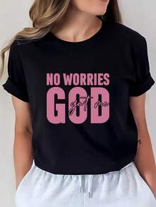 Blusa Casual para Mujer, Estilo Simple para Uso Diario, Sin Preocupaciones, Dios está conmigo - Camiseta Estampada Cómoda de 180g para Mujer, regalo perfecto para Pascua y reuniones familiares, camiseta casual de moda para primavera, tallas S a 3XL. - Negro - Ver 1