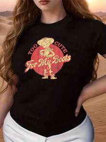 Fun Graphic Of A Smiling Cowgirl In Boots In Front Of A Red Sun, Representing Confidence, Freedom, And Laid-Back Style In Every Step. Comfortable Casual Women's T-Shirt For Summer - 黑色 - 查看 6