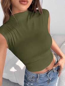 Blusa Sin Mangas Ajustada Con Cuello Alto Y Plisados, Ropa De Verano - Verde militar - Ver 1