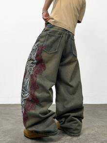 1 Peça Calça Jeans Larga e Casual com Ajuste Folgado, Bordado Coreano Irmãos da Justiça, Confortável para Todas as Estações (Excluindo Cinto/Acessórios) - Champanhe - Visão 3
