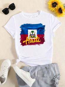 Camiseta de manga corta vintage con estampado de la bandera de Haití, 100% algodón, transpirable, corte holgado, estilo casual. - Blanco - Ver 2