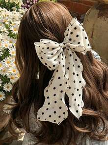 1個女用特大號黑白波點圖案絲綢緞面25cm/9.84in蝴蝶結髮圈髮夾，時尚百搭優雅極簡風純色髮飾，適合日常出遊、休閒、派對、通勤、度假、洗臉、化妝、穿搭，髮爪髮夾 - 黑與白 - 查看 4