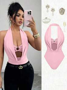 Body de mujer de unicolor con cuello drapeado y recortes huecos - Rosa - Ver 8