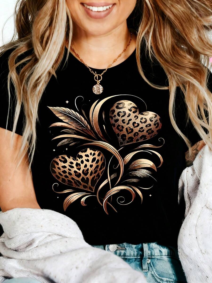Leopard Heart Graphic T-Shirt, 100% Cotton Oversized Soft Breathable Casual Crewneck Short Sleeve Top, Romantic Aesthetic Summer Vibes Tee For Women & Animal Lovers - 黑色 - 查看 1