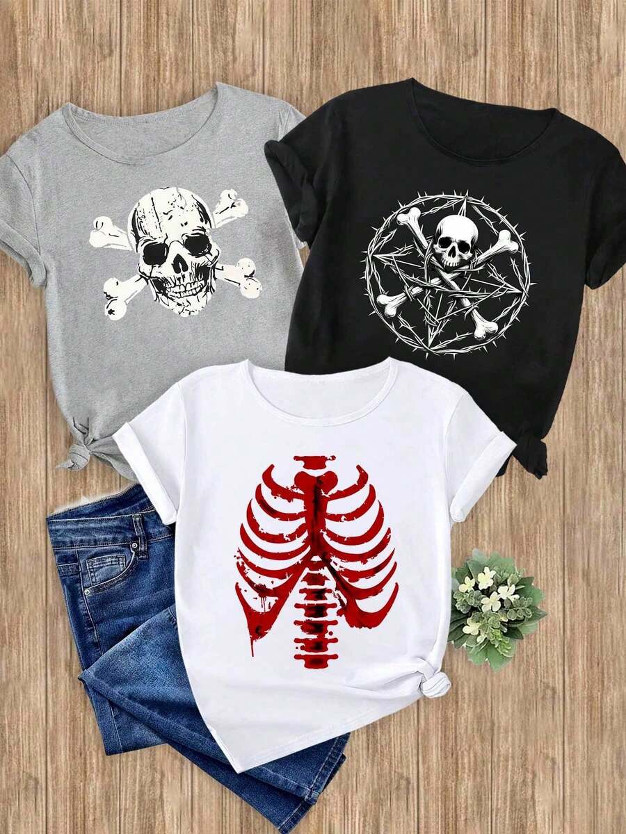 Women's T-Shirts, 1-Piece Set With Skull And Bone Print, 1-Piece Elegant, Casual, Sporty, Ideal For Parties, Soft And Machine Washable, Short-Sleeved Top With Round Neck. - 1件黑色隨機圖案 - 查看 1
