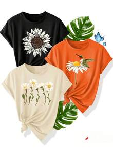 Women's T-Shirts, Women's T-Shirts, Women's One-Piece T-Shirt With Floral And Bird Print - Casual Retro Style, Short Sleeve, Round Neck, Machine Washable - Summer Sports T-Shirt In Green, Orange And Beige Colors. - 1件黑色隨機圖案 - 查看 1