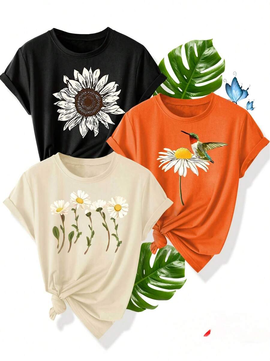 Women's T-Shirts, Women's T-Shirts, Women's One-Piece T-Shirt With Floral And Bird Print - Casual Retro Style, Short Sleeve, Round Neck, Machine Washable - Summer Sports T-Shirt In Green, Orange And Beige Colors. - 1件黑色隨機圖案 - 查看 1
