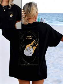 It Symbolizes The Fusion Of Soul And Mind In An Abstract Universe Where A Silver Mask Melts Into Gold, Representing Transformation And Cosmic Energy. Women's T-Shirt With A Modern And Creative Double Print For Casual Wear - 黑色 - 查看 8
